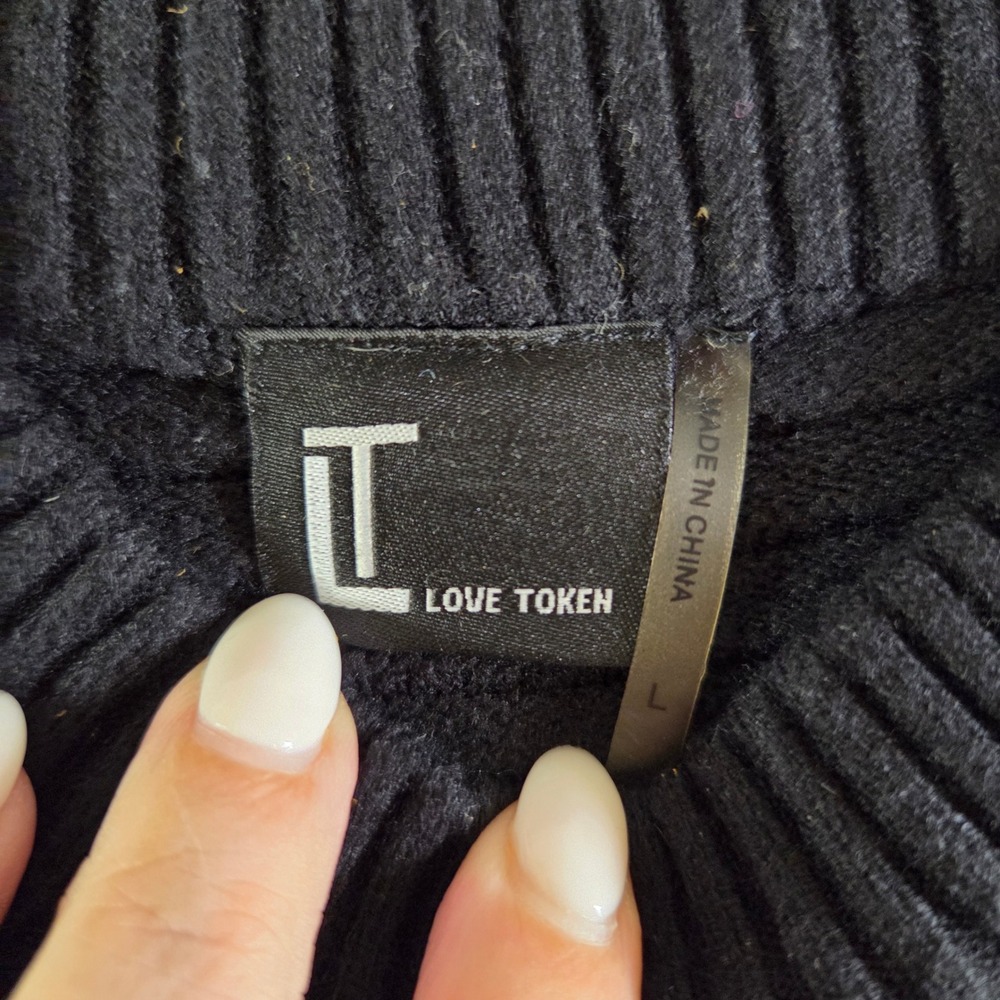 Love Token Black Ribbed Mock Neck Balloon Sleeve Sweater Minimalist Cozy L - Picture 3 of 6
